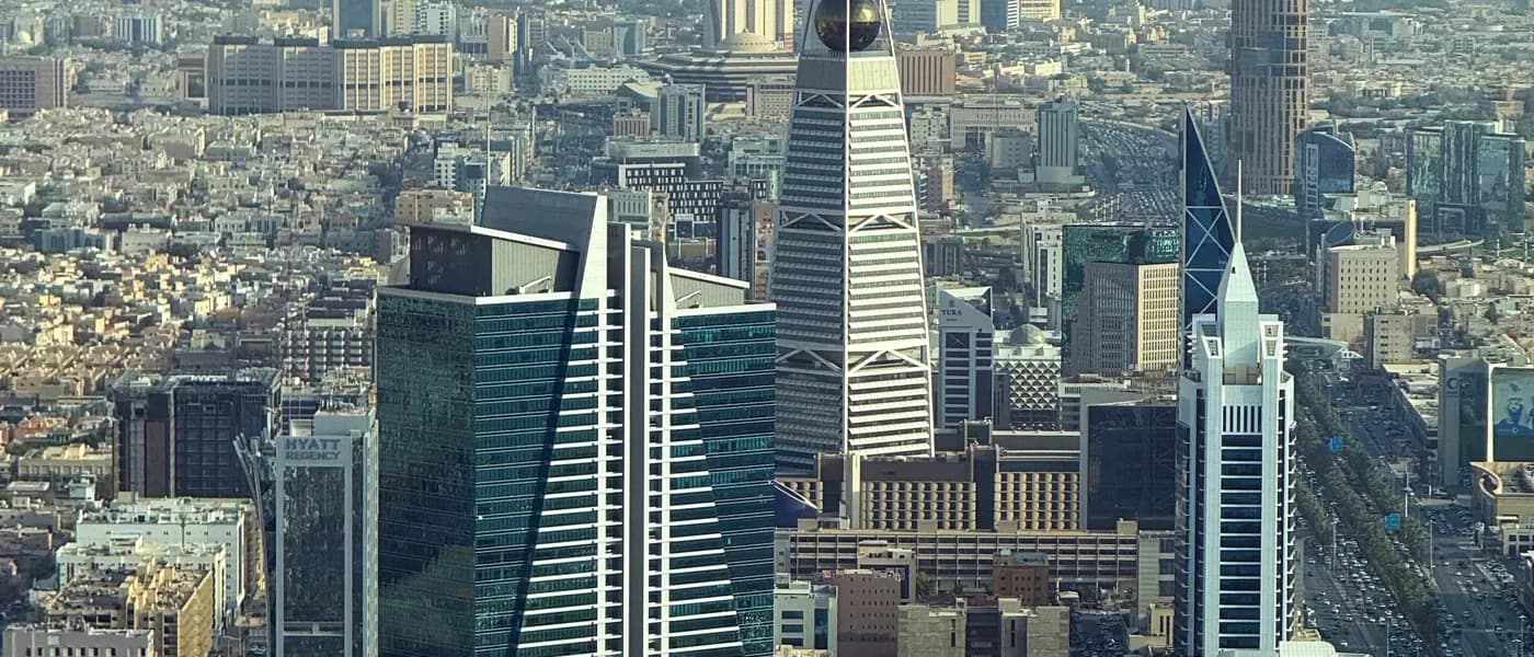 Aerial view of Riyadh with Kingdom Centre and Al Faisaliah